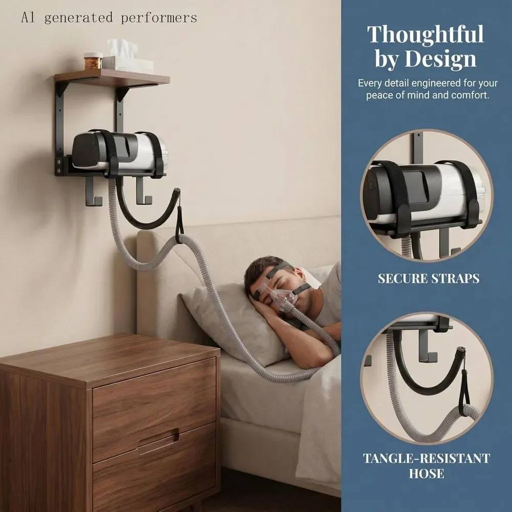 2-Tier Wall Mount Bedside Organizer w/ Rotating Hose Arm & Hooks